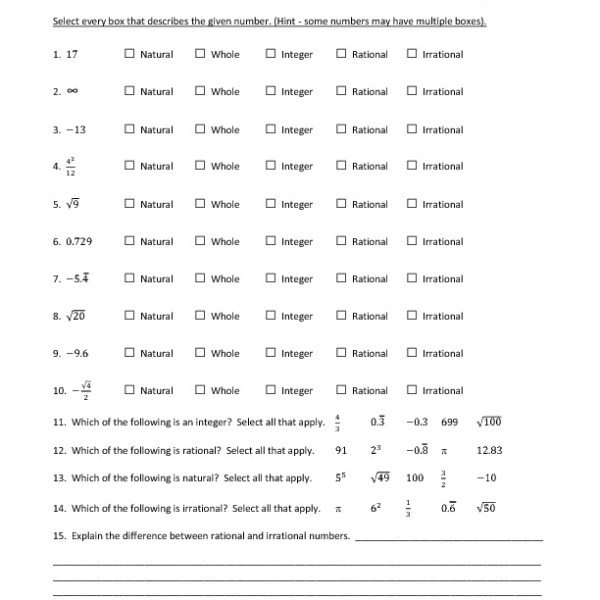 Eighth Grade Number Classification Worksheet 05 â One Page Worksheets